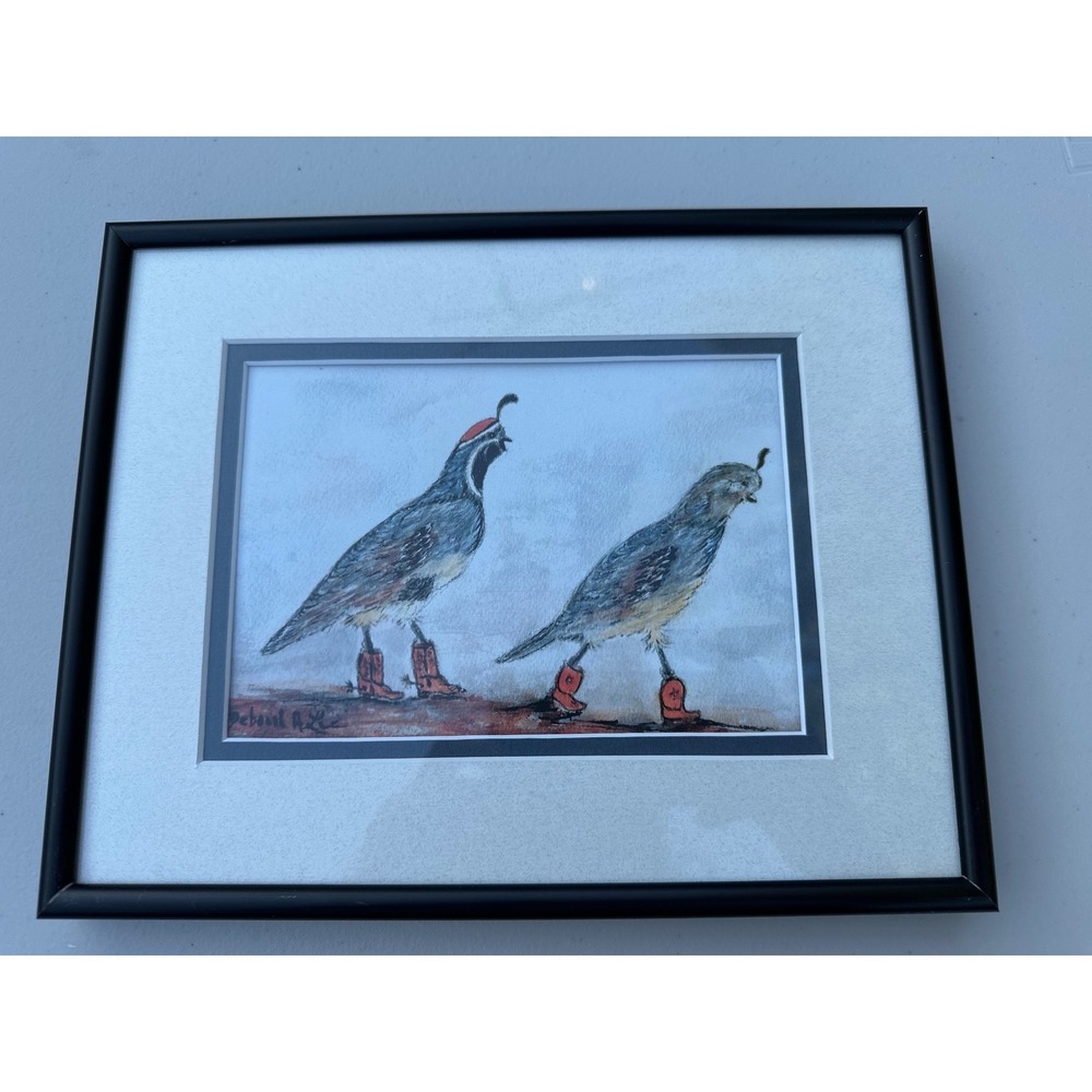 Deborah A Lee Original Watercolor Painting Quails in Red Cowboy Boots Framed Art - Picture 1 of 6